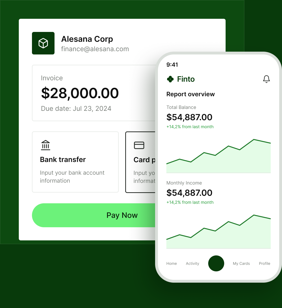 Aperçu de l'application Finto : facture et tableau de bord mobile